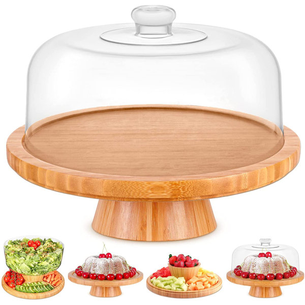 Gracie Oaks Bamboo Cake Stand With Clear Acrylic Dome Cover 6In1